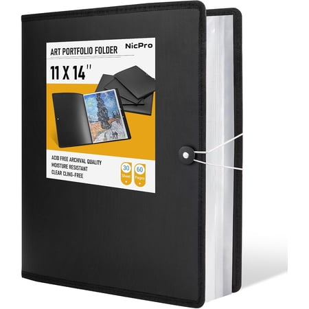 Nicpro 11x14 Art Portfolio Folder, 30 Pockets Display 60 Pages Painting Binder with Clear Plastic Sleeves, Presentation Storage Book for Artists Artwork Drawing - (Black)