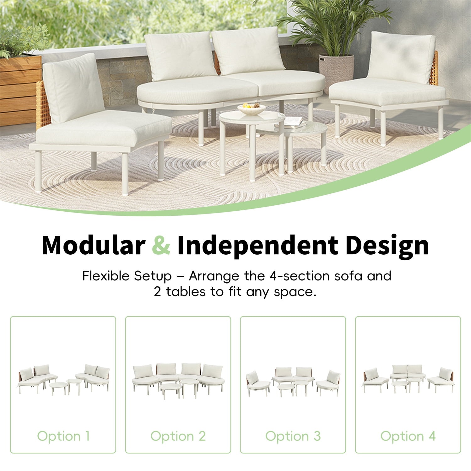 YIORTWO 6-Piece Modular Outdoor Sectional Sofa Set, Half Moon PE Wicker Patio Furniture with 2 Tempered Glass Coffee Tables & Cushions, for Backyard, Beige