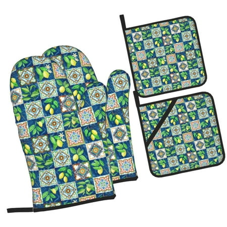 

Tebeau Lemon and Leaves Print 4 Pcs Oven Mitts and Pot Holders 500°F High Heat Resistant Kitchen Oven Mitts with Pot holders Long Oven Mitts for Baking and Cooking