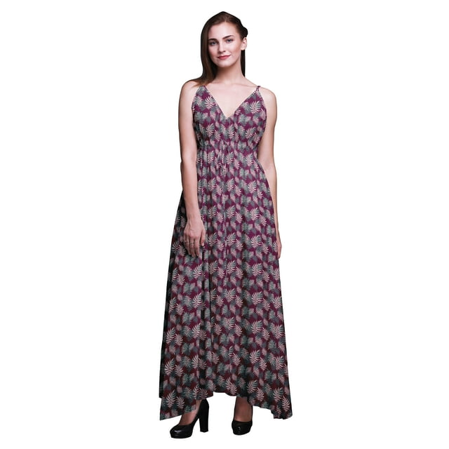 Bimba Robe Longue à Imprimé Floral pour Femmes, Bretelles Spaghetti, Col en V, Maxi, Tenue de Plage - XX-Grand