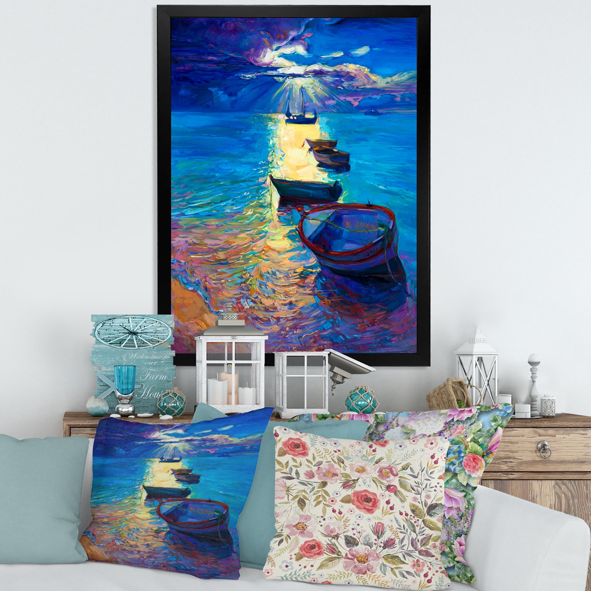 Designart 'Fishing Boats On The Water With Dark Blue Sky Illustration' Lake House Framed Art Print