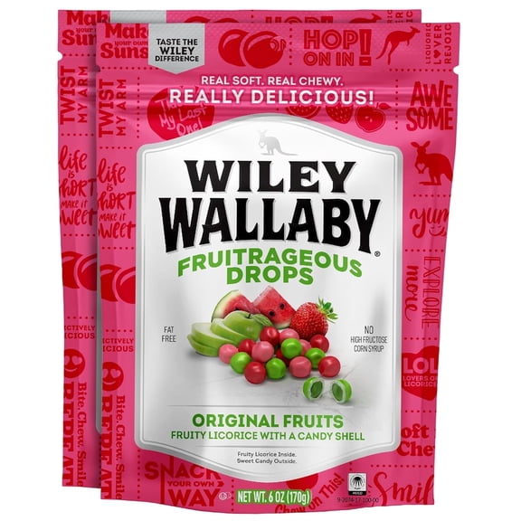 Wiley Wallaby 6 oz. Fruitrageous Drops Original Fruits Gourmet Australian Style Soft & Chewy Licorice Candy Drops, 2 Pack