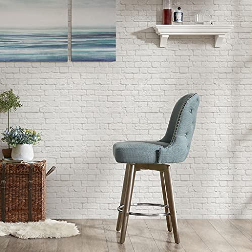 Madison Park Kobe Counter Height Swivel Barstool Modern Solid Wood, Upholstered Foam Seat, Blue Pub Stool, 25.5 Inch