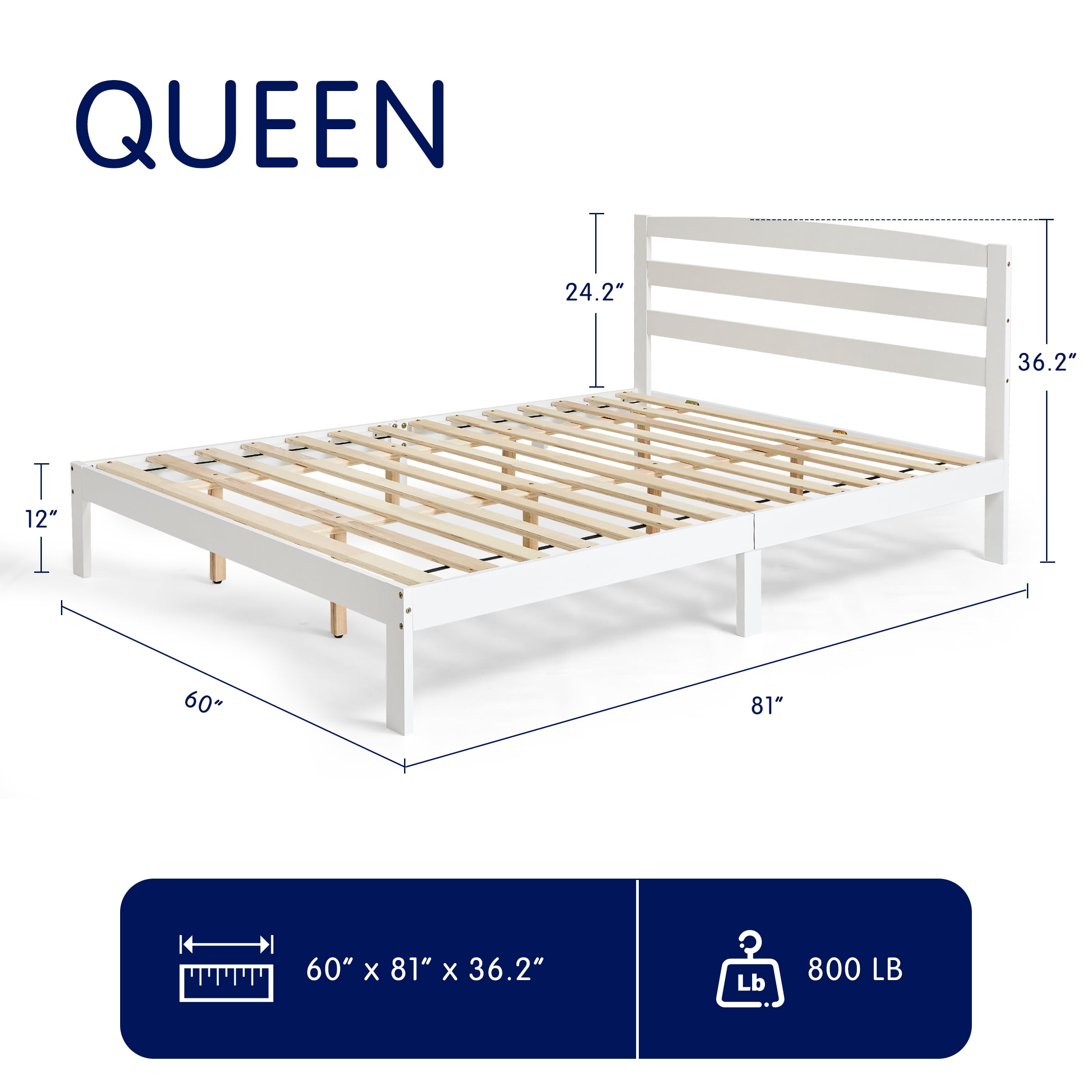 Queen Bed Frame, Wood Bed Platform with Headboard, No Box Spring, White