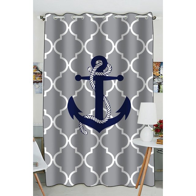 Cortina de ventana ABPHQTO Quatrefoil gris con ancla azul tamaño 130x210 cm