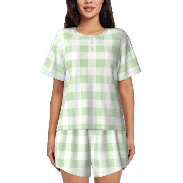 Fotbe Pistachio Green Checkboard Conjunto de Pijama Estampado para Mujer, 2 Piezas, Ropa de Dormir con Camiseta de Manga Corta y Shorts Suaves-Large