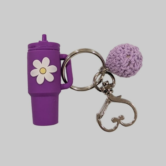 Goosavvy Custom Silicone Tumbler Keychain with Daisy Flower Charm – With Tassel or with Crochet Ball, Purple