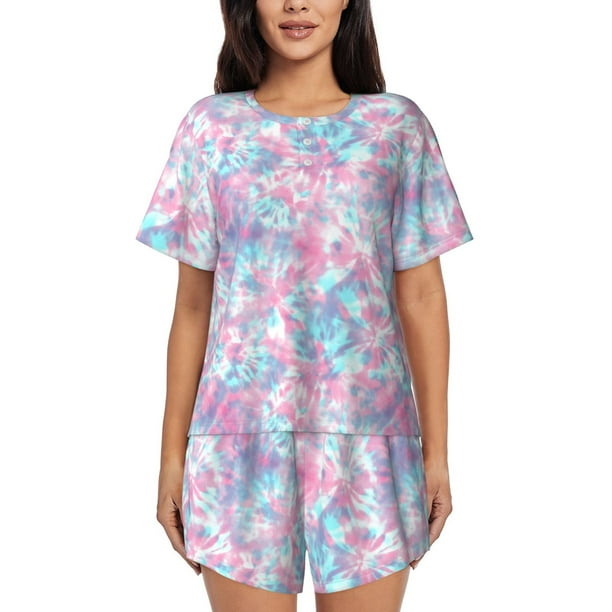 Balery Tie Dye Conjunto de Pijama para Mujer con Estampado, Dos Piezas de Manga Corta y Shorts, Ropa de Dormir Suave con Cuello Redondo y Bolsillos-Small
