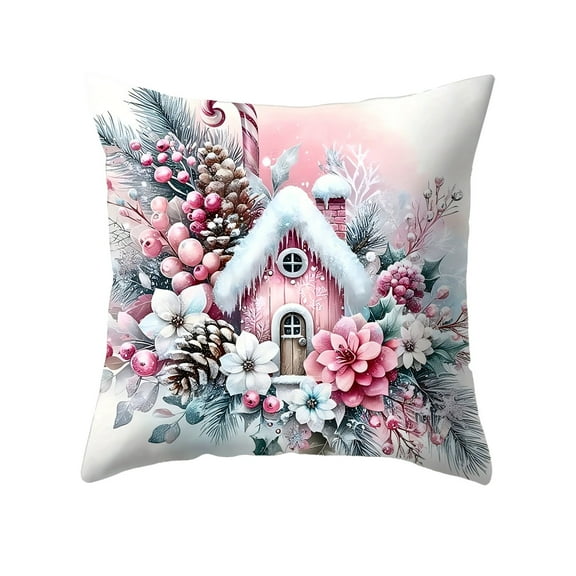 chaungfeng Christmas Pillow Cover, Peach Snowy Scene Decorative Sofa Cushion Cases, Winter Holiday Farmhouse Decor for Home Sofa Bed Couch 18x18 Inch