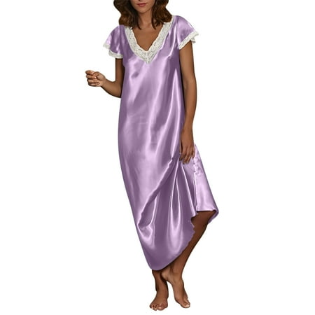 Moxiu Womens Silk Satin Long Nightgown Lace Trim Chemise Lingerie Maxi Sleepdress for Ladies V Neck Shorts Sleeve Sleepwear 2025 Purple XL