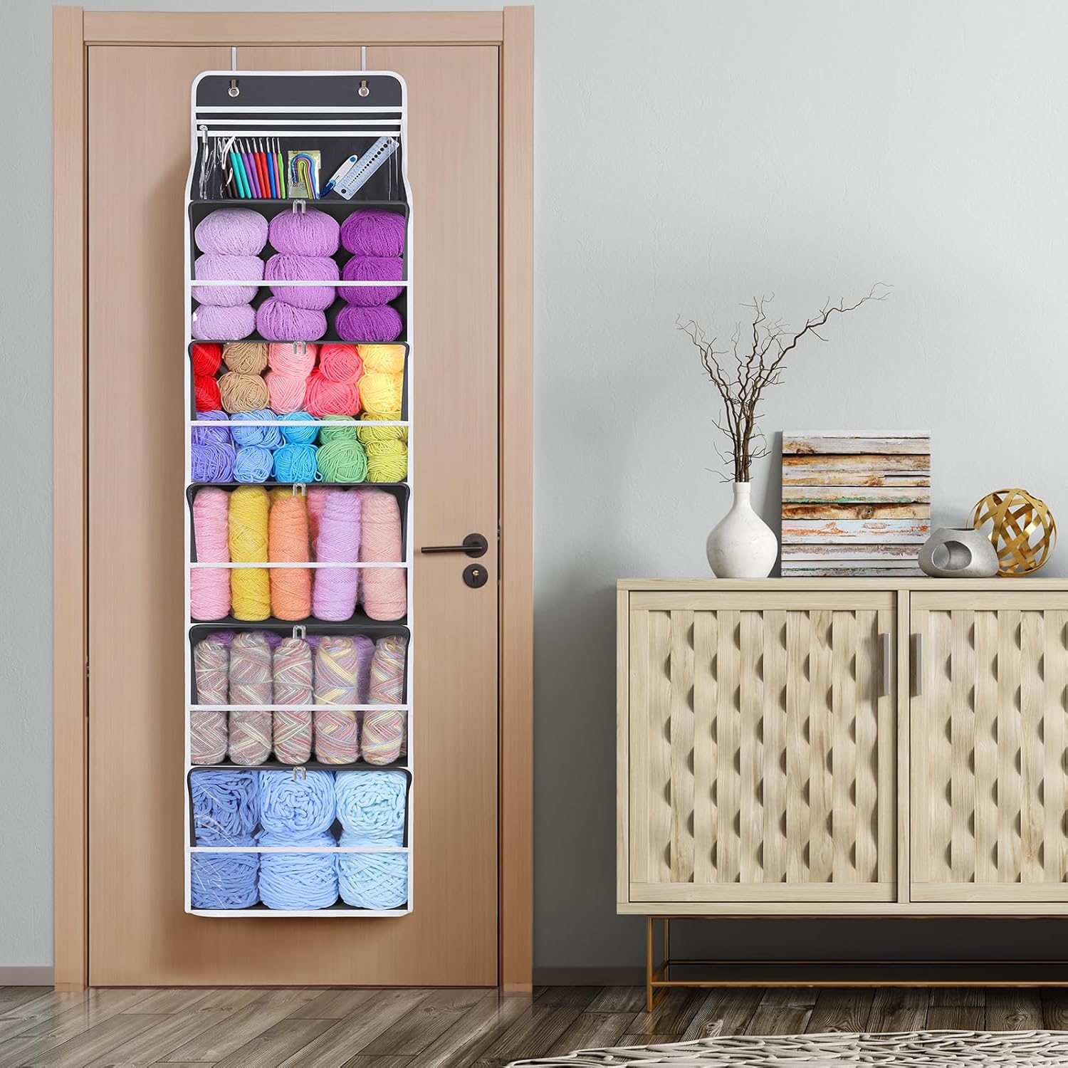 Hanging Yarn Storage Organizer with 6 ZipperClosure Compartments, Large Capacity Knitting Organizer Storage, Over The Door Hanging Yarn Holder for Knitting Needles, Crochet Hooks (Dark Grey)