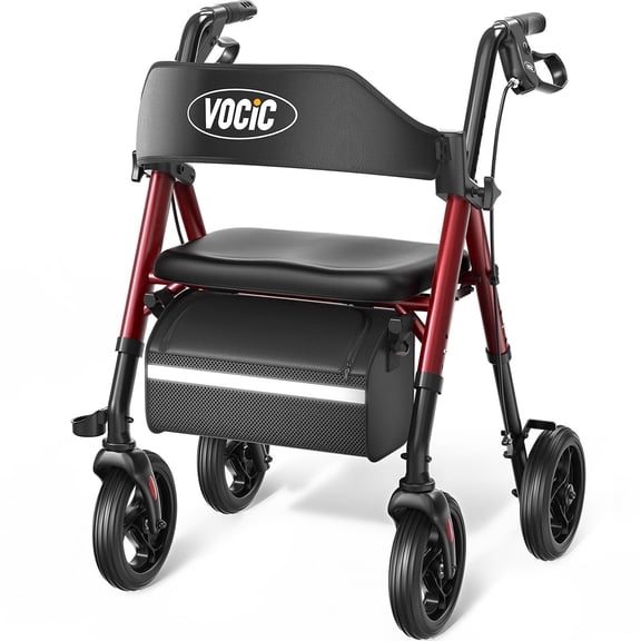 VOCIC Walkers for Seniors, Heavy Duty Rollator Walker with Seat, 350lb Capacity, Red