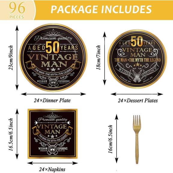 YUYAN-96 Pcs Vintage 50th Party Tableware Set Back in 1975 50th Theme Birthday Party Table Decoration Supplies Cheers to 50 Years Paper Plate Napkin Fork 24 Guests for Men
