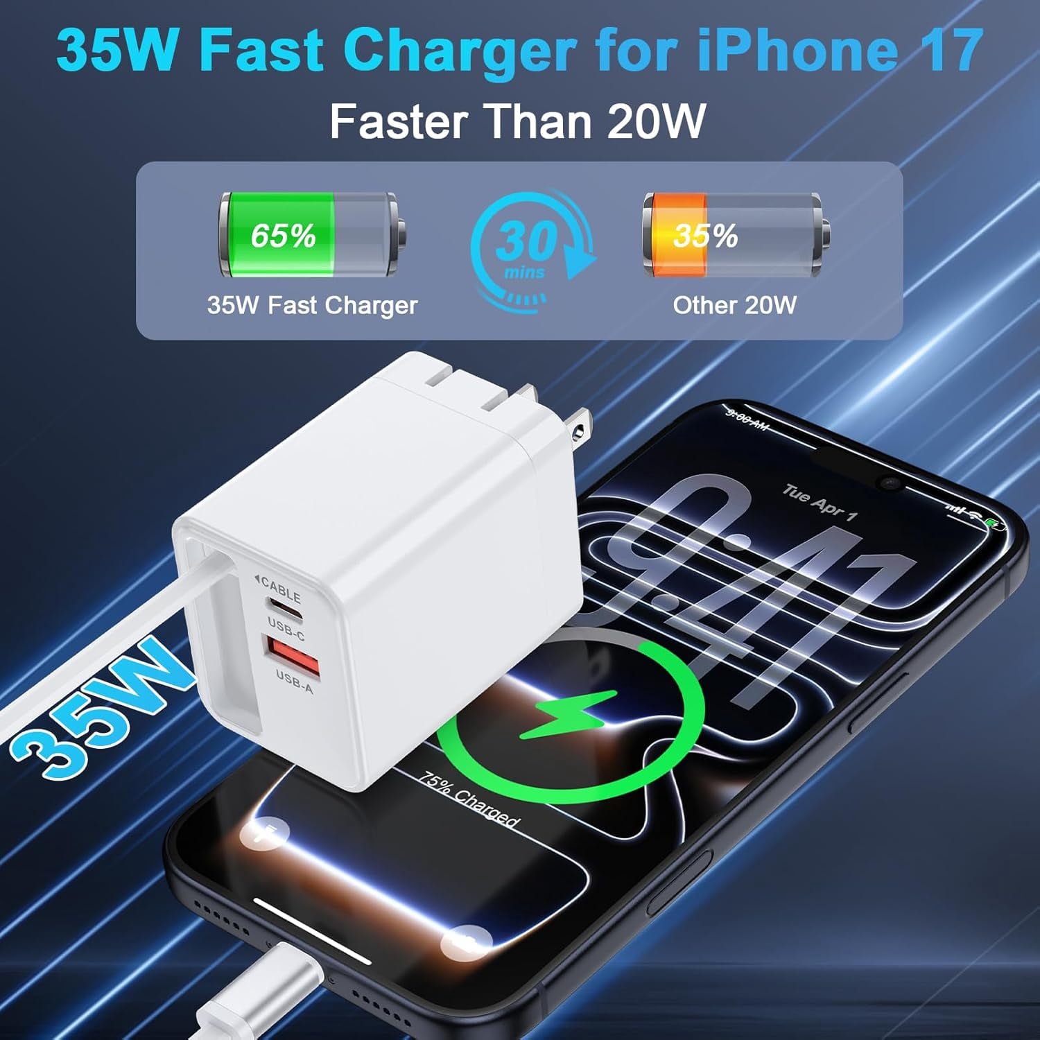 MHSIOAP-USB C Retractable Wall Charger with Foldable Plug,35W PD&QC Fast Charging Block with 3FT Retractable USB C Cords for iPhone 17 Pro Max/17/Air/16/16 Pro/15 Plus/iPad/Samsung Galaxy S25/S24/Pix