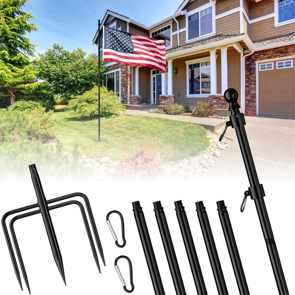 10 FT Heavy Duty Flag Pole Kit, Stainless Steel In Ground Flag Poles, 5-Prong Base, Holds 2 Flags, 360° Tangle Free, Outdoor Flag Pole for House, Garden, Residential, Black