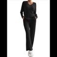 thumbnail image 1 of Conjunto de Pijama de Dos Piezas de Punto Acanalado para Mujer: Suéter de Larga y Pantalón . Negro S, 1 of 10