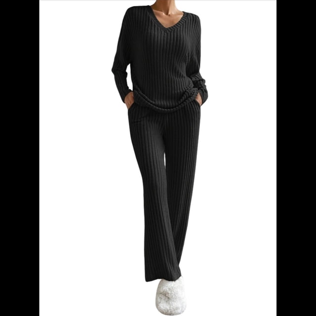 Conjunto de Pijama de Dos Piezas de Punto Acanalado para Mujer: Suéter de Larga y Pantalón . Negro L