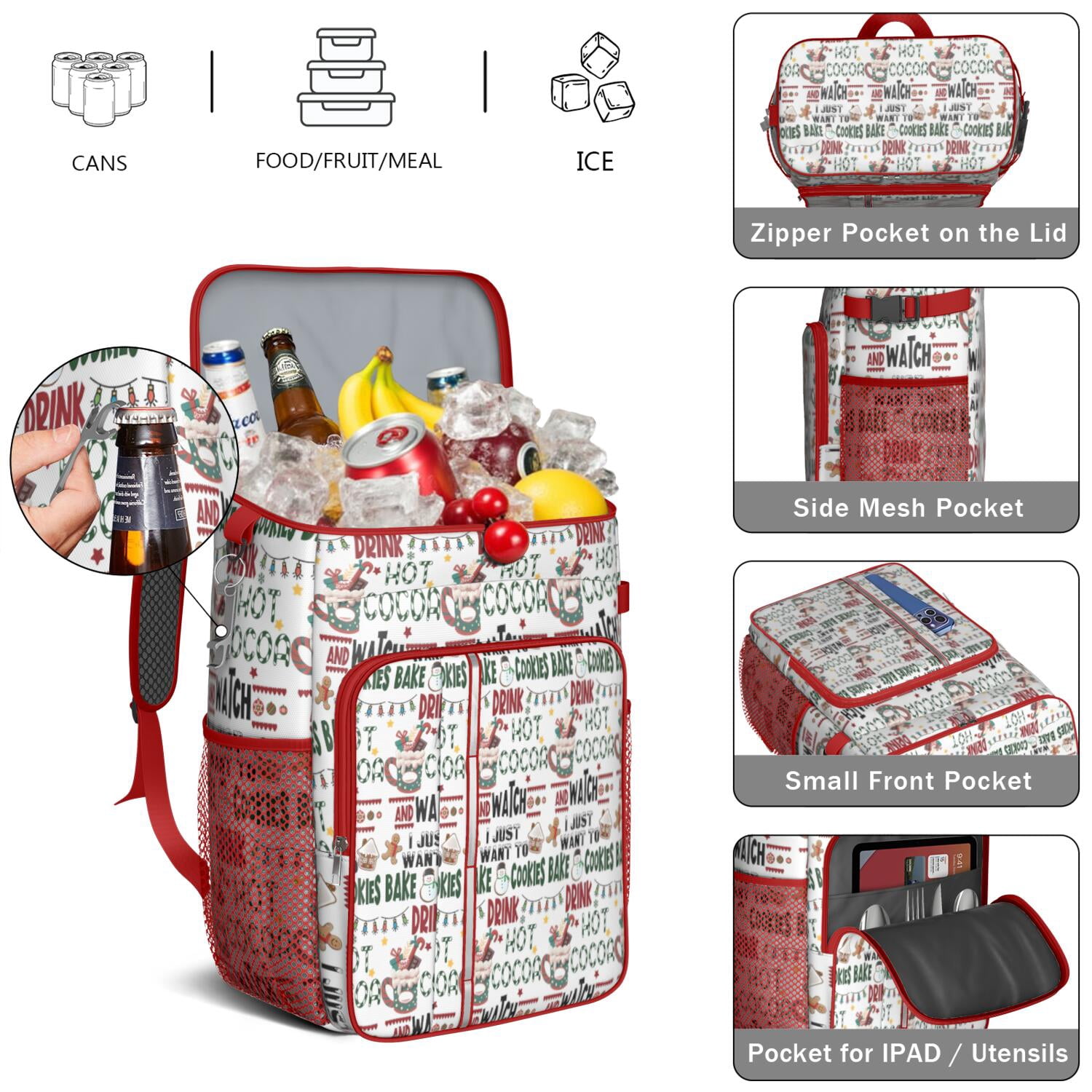 Travel Cooler Bag - Multicolor Christmas Pattern Camping Beer Cooler Backpack with Bottle Opener- Waterproof Insulated Picnic Backpacks - Cooler Bag for Beach