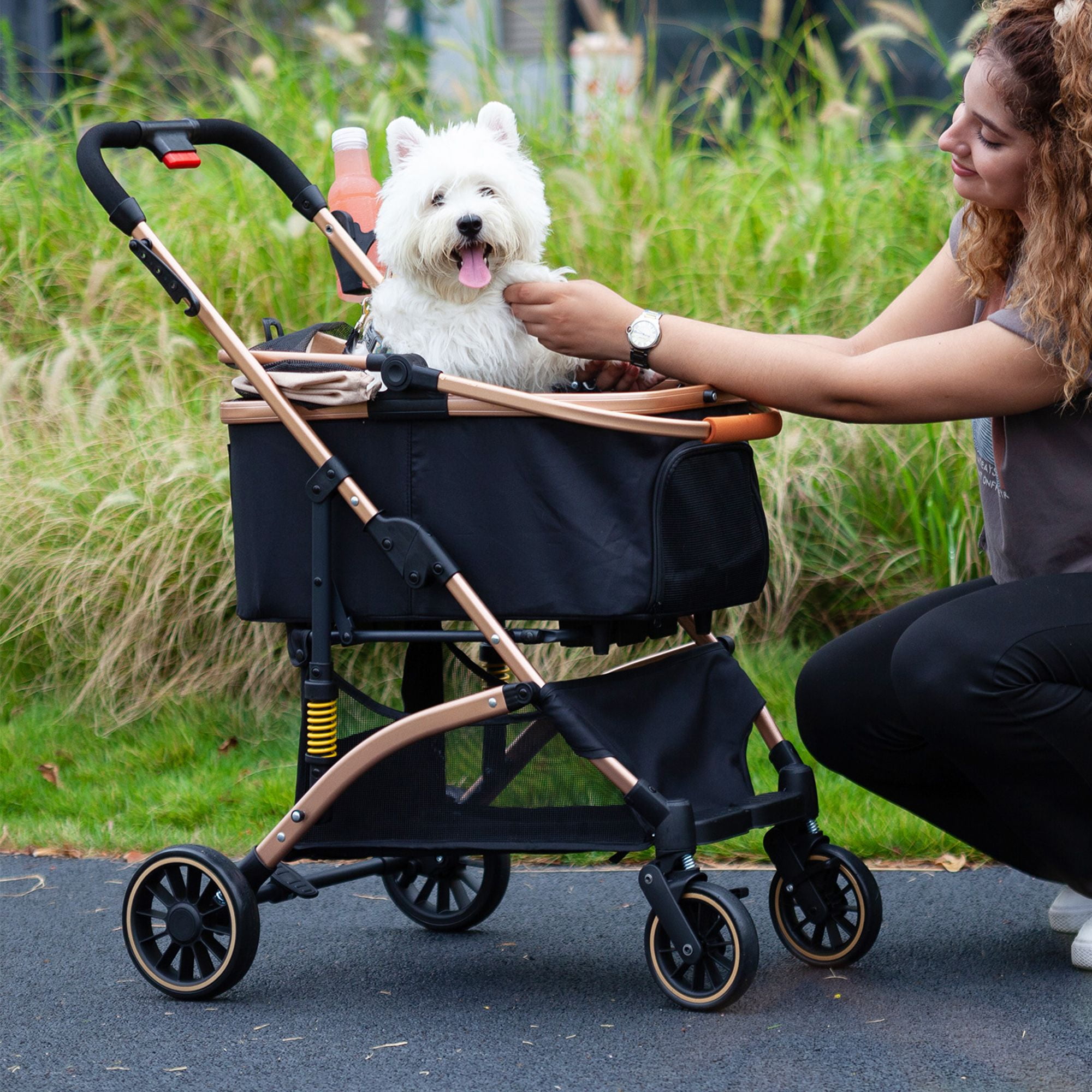 Pefilos 4 Wheels Pet Stroller Folding Lightweight Dog Stroller with Detachable Carrier & Storage Basket, Dog Cat Travel Stroller for Puppies, Doggies, Kitties, Black