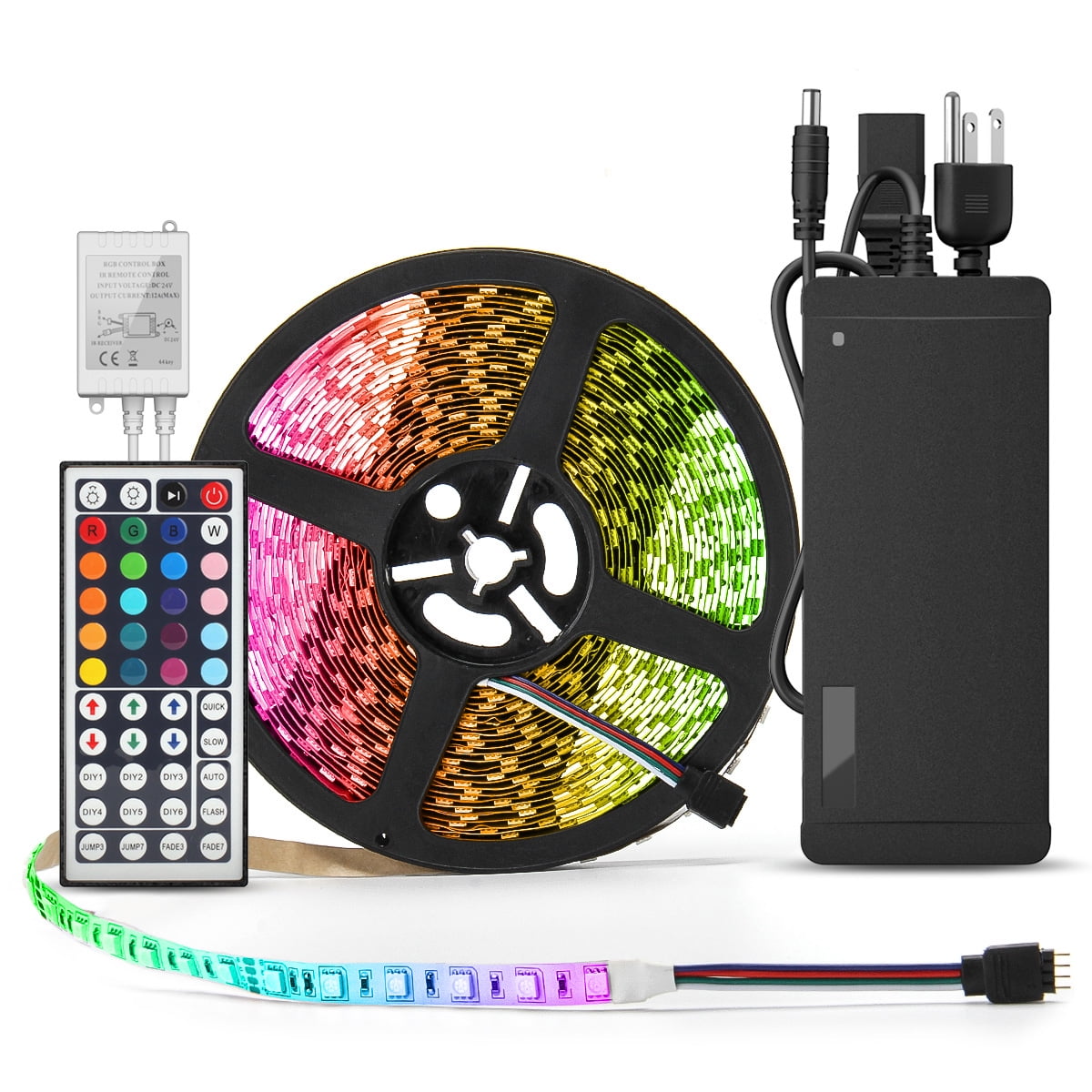 SUPERNIGHT 32.8ft RGB 600LEDs 5050 SMD 10M 60Leds/m Flexible LED Strip Light Non-Waterproof + 44Keys Remote + DC 24V Power Supply