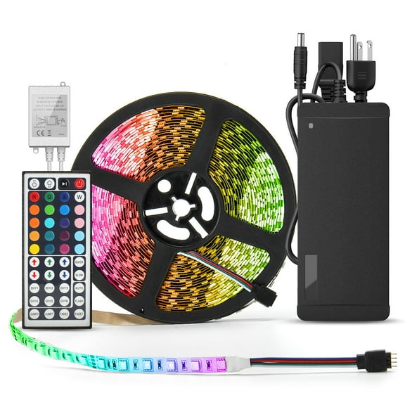 SUPERNIGHT 32.8ft RGB 600LEDs 5050 SMD 10M 60Leds/m Flexible LED Strip Light Non-Waterproof   44Keys Remote   DC 24V Power Supply