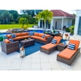 thumbnail image 1 of Sorrento 19-Piece Resin Wicker Outdoor Patio Furniture Combination Set in Brown w/ Sectional Set, Round Dining Set, and Chaise Lounge Set (Flat-Weave Brown Wicker, Sunbrella Canvas Tuscan), 1 of 4