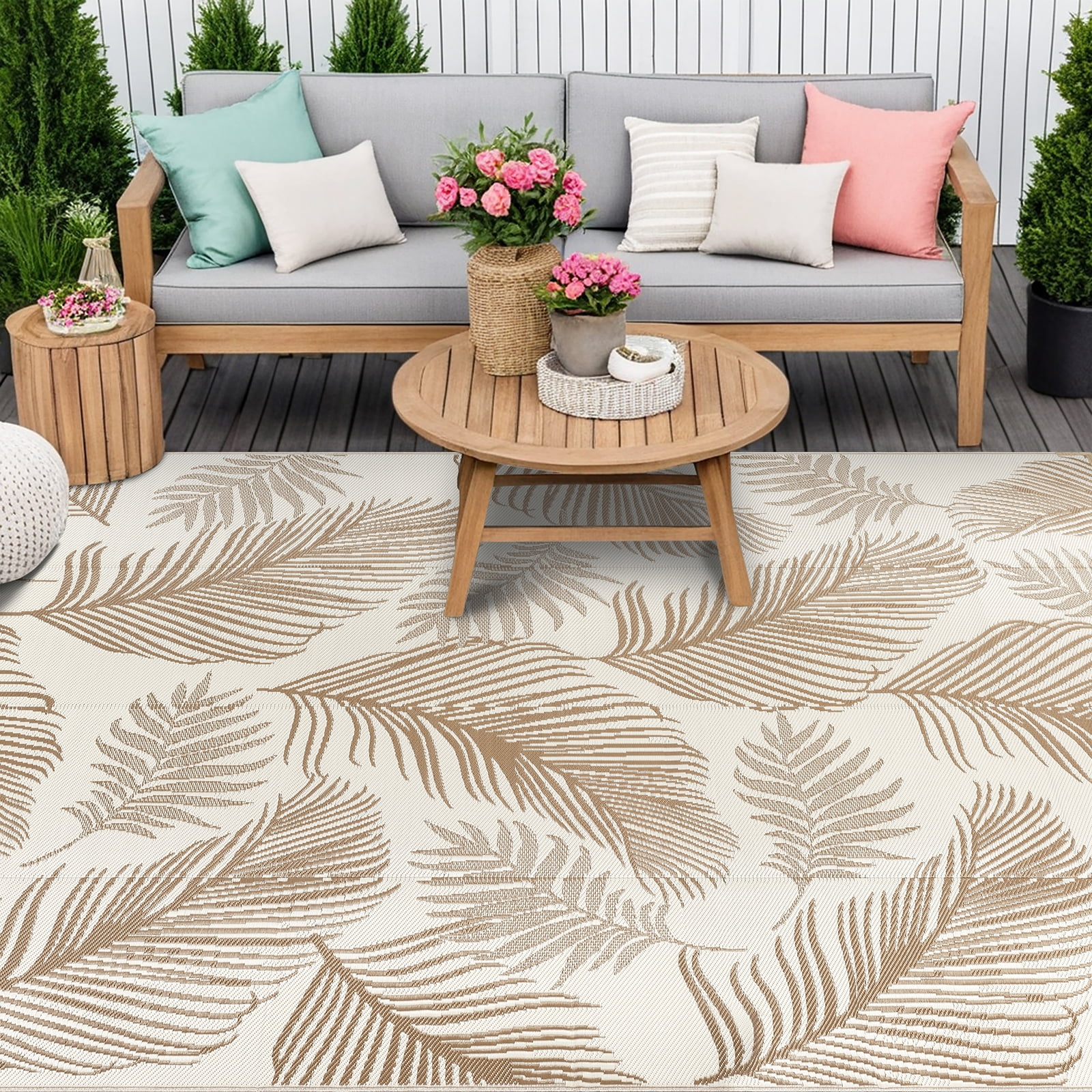 LOKHOM 6' x 9' Beige Outdoor Rug, Waterproof, UV-Resistant, Reversible Plastic Straw Rug for Patios, Porch, RV, Beach