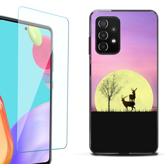 Slim-Fit Flexible TPU Gel Phone Case (black) for Samsung Galaxy A52 5G, with Tempered Glass Screen Protector, by OneToughShield ® - Moonlight Deer