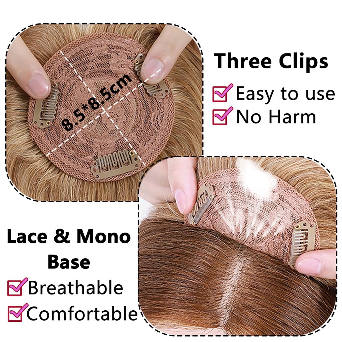 MY-LADY Silk Mono Base Clip in Topper 100% Remy Human Hair Extensions Women Toupee Hairpiece with Bangs for Thinning Hair