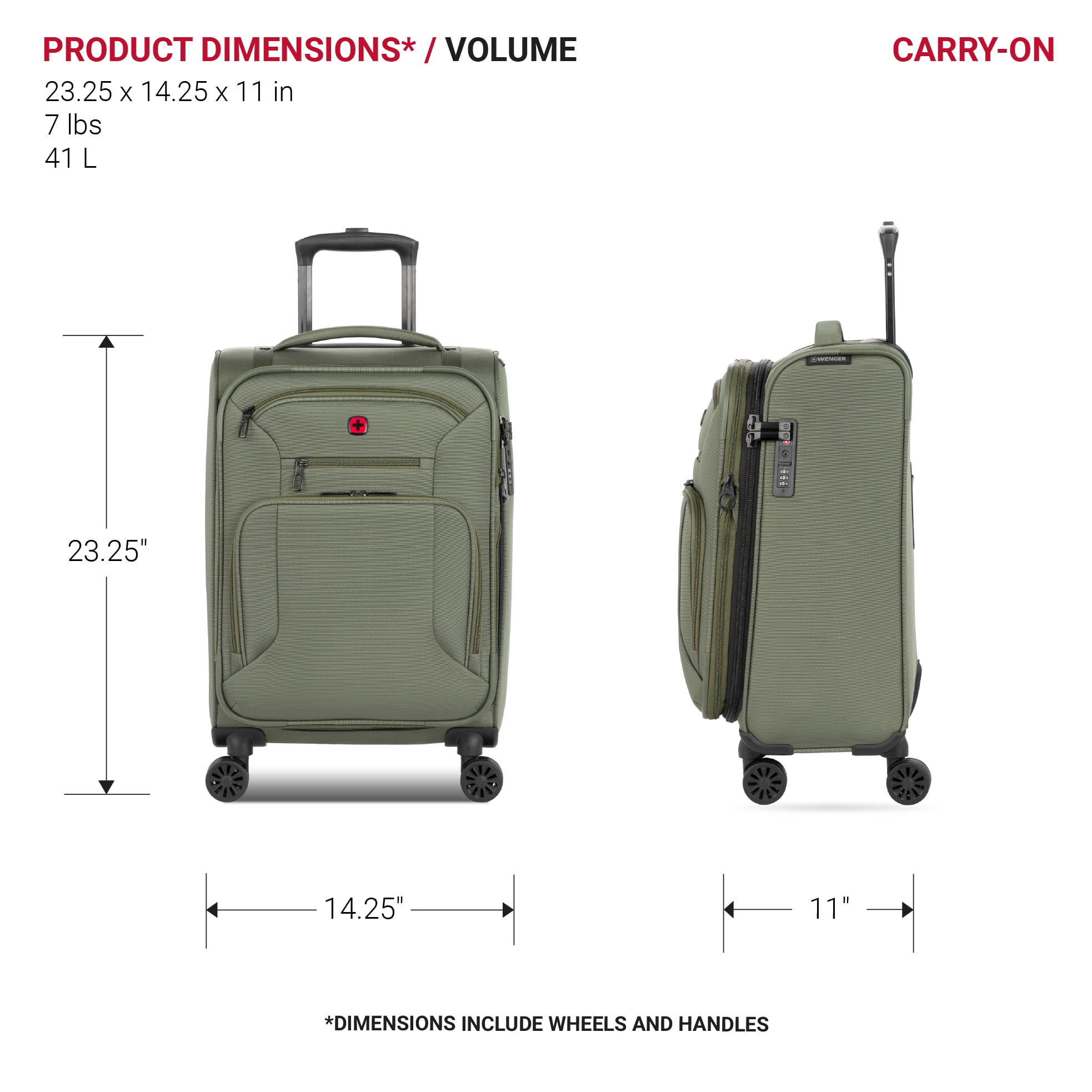 Wenger WG7062 Carry-on Spinner Luggage in Green with 8 Wheels and Built-in TSA Lock