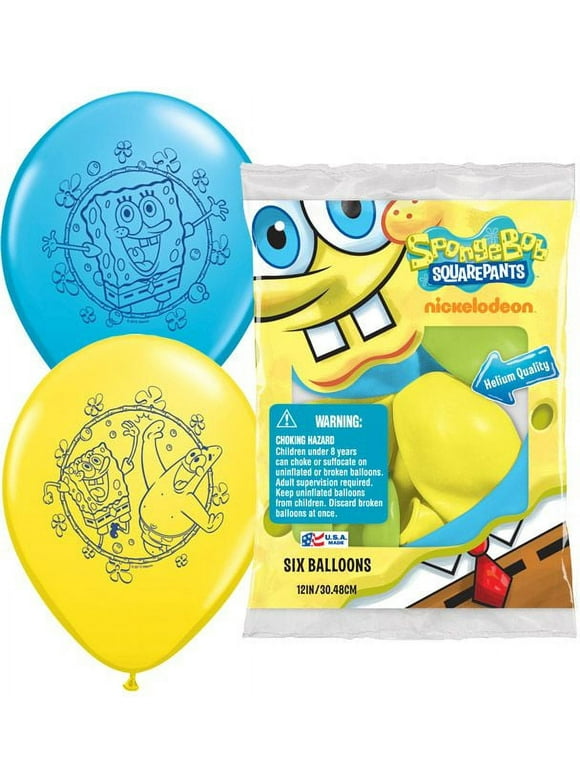 Nickelodeon SpongeBob Squarepants All Ages 12" Blue, Yellow, and Green Latex Balloons, 6 Count