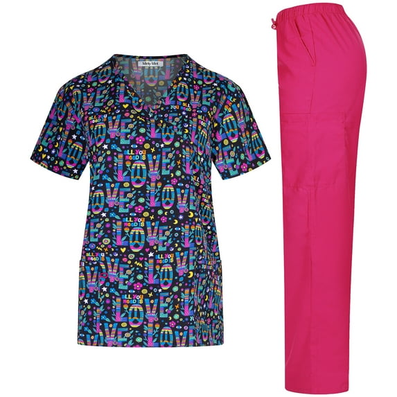 Minty Mint, Women's, Microfiber Printed Medical Scrub Set V-Neck Top and Pants, Black Pink, L