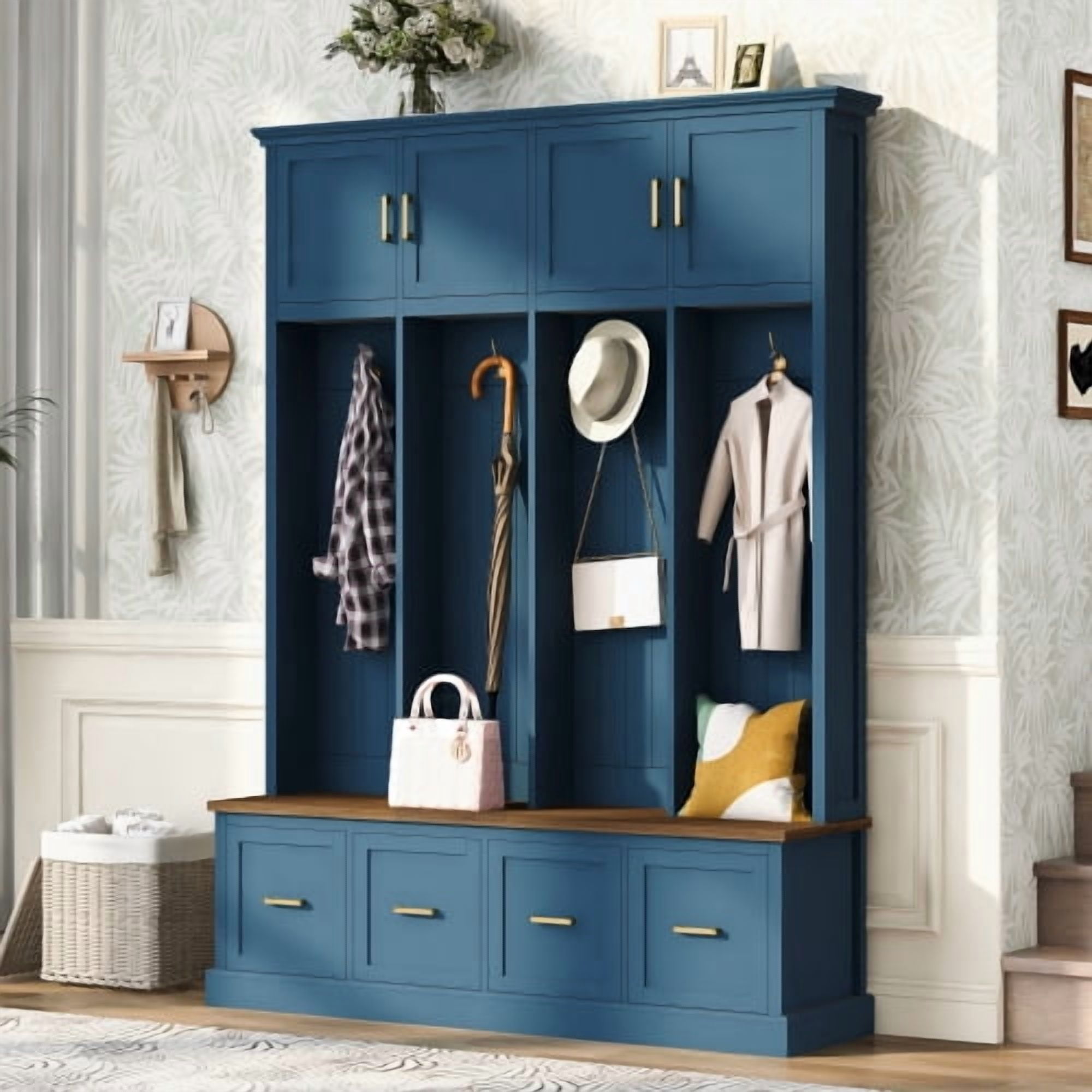U-Can Farmhouse Entryway Hall Tree with Coat Hooks, Cabinets and Drawers, with Wood Accents and Gold Hardware, Navy Blue