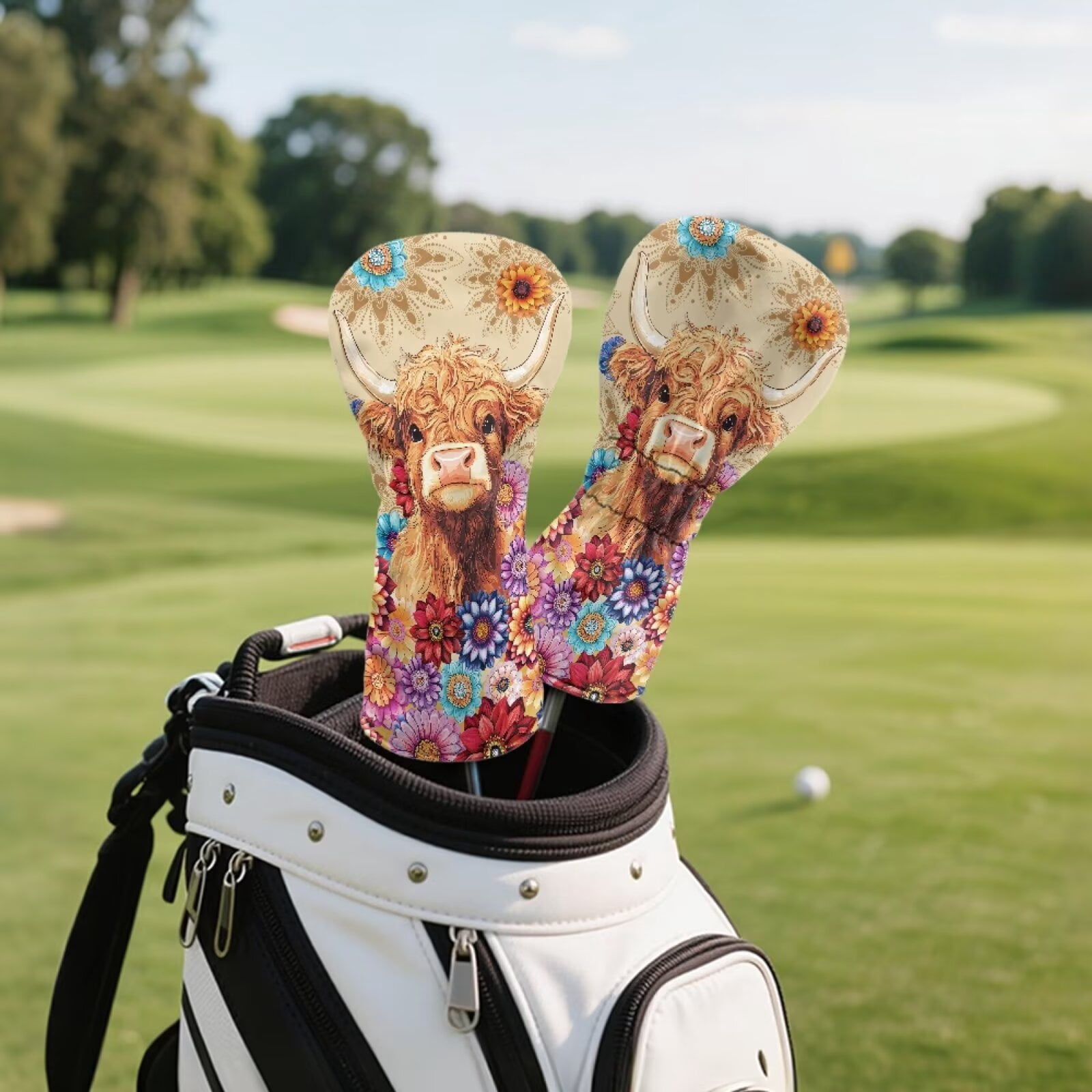 Uorisanigo Golf Club Head Covers Set - PU Leather Boho Floral Highland Cow Golf Club Covers for Driver, Woods and Hybrid, Premium Lightweight Head Cover with Anti-Scratch Protection