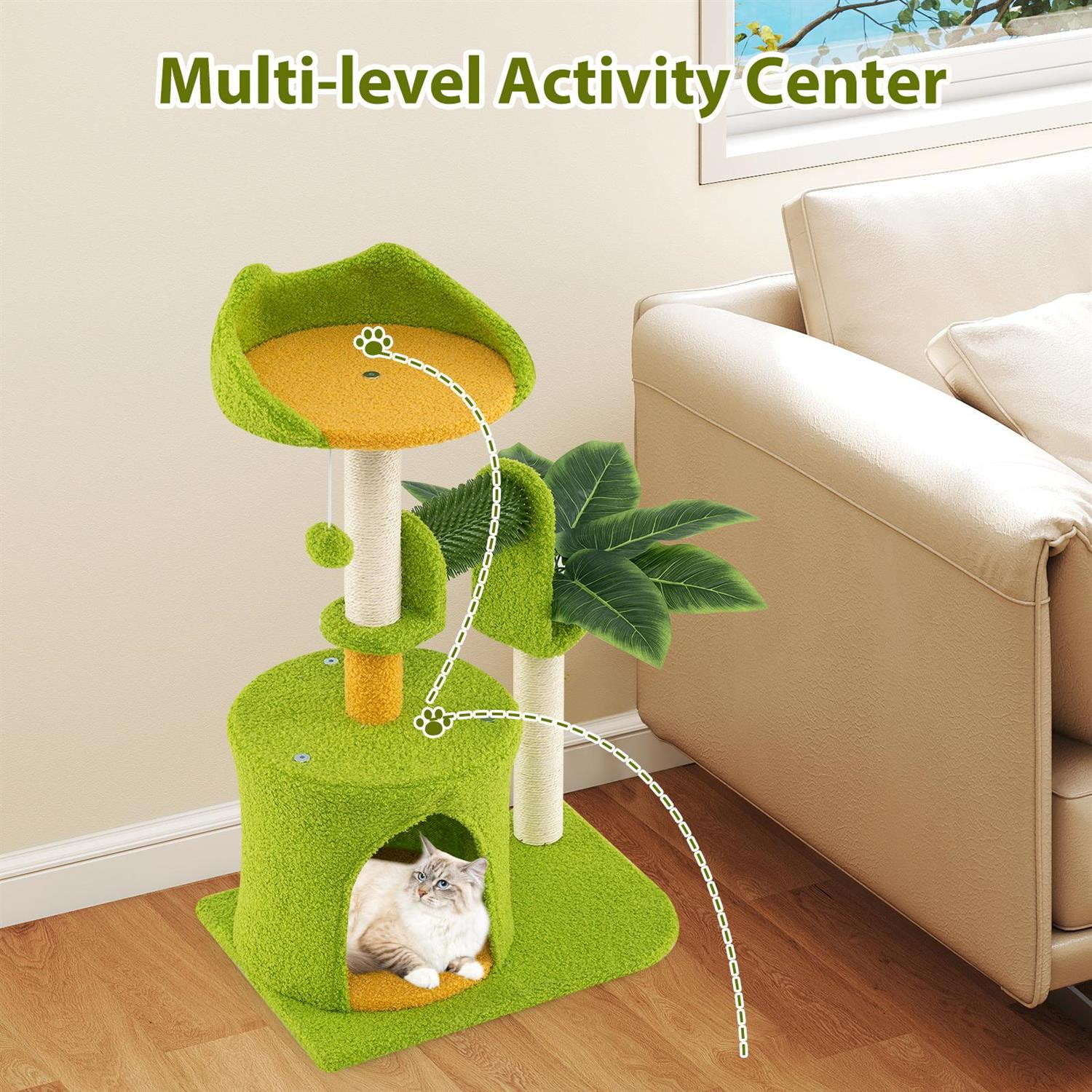 Pefilos Cute Palm Cat Tree for Indoor Cats, Artificial Leaves & Sisal Scratching Posts, Ear-shaped Perch, Green