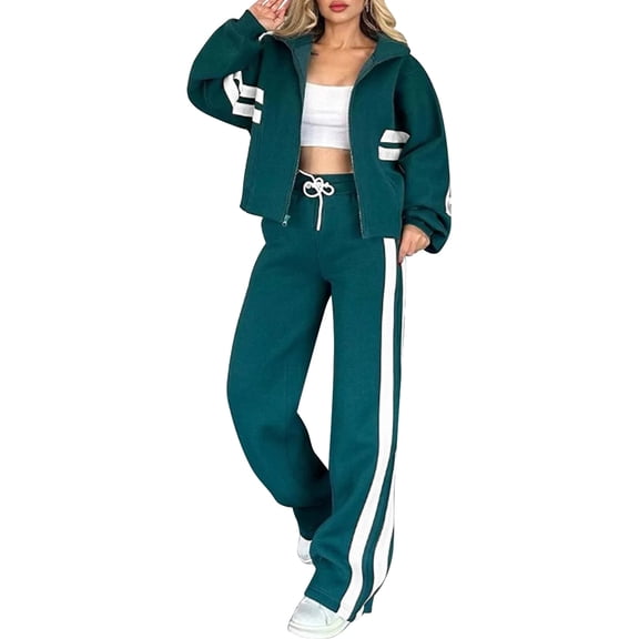 Womens Fall Sweatsuit 2 Peice Outfits Zip Up Striped Y2K Jacket Wide Leg Pants Matching Tracksuit Set Green M