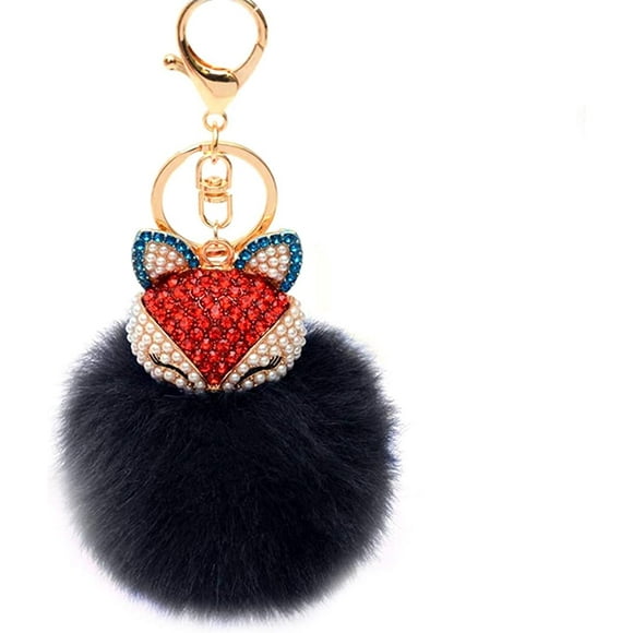 Fox Keyring Drill Rhinestone Pendant Pompom Decoration Hanging Keychain Crystal for Wallet(black)
