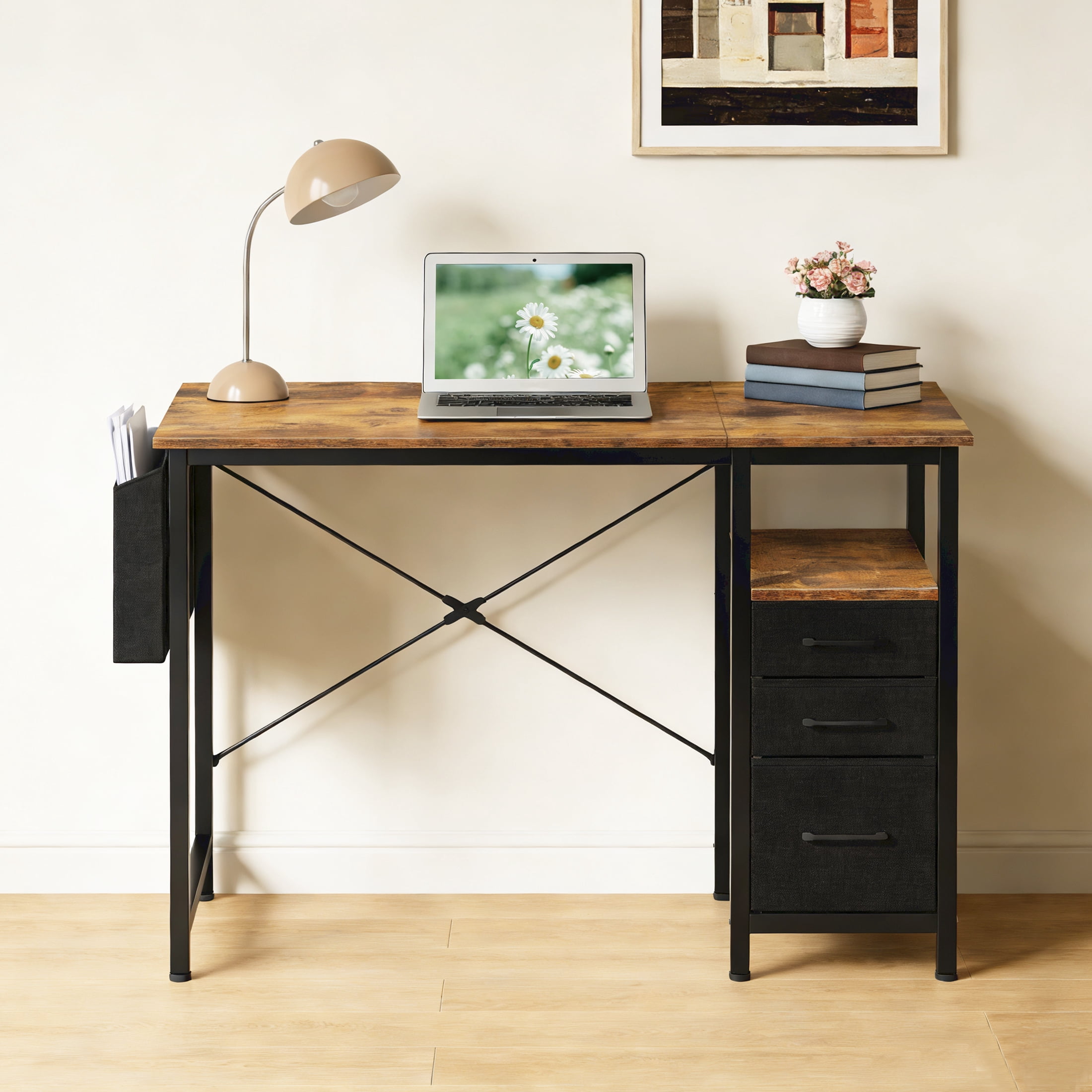 EDX 40 Inch Computer Desk with 3 Drawers, Writing Desk with Side Storage Pocket, for Home Office, Bedroom , Rustic Brown