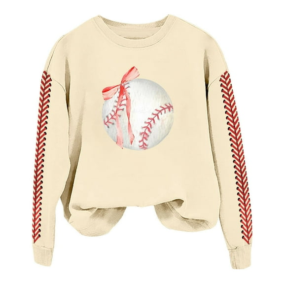 Holzkary Baseball Sweatshirt for Womens 2025 Long Sleeve Crewneck Graphic Pullover Top Softball Casual Sport Shirt Long Sleeve Round Neck Casual Baseball Print Game Hoodless Hoodie Beige L