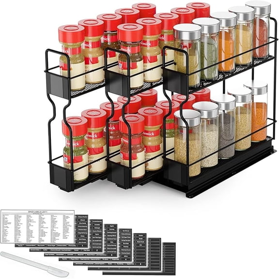 Pull Out Spice Rack Organizer, Heavy Duty Slide Out Seasoning Kitchen Organizer, Cabinet Organizer, with Labels, 7.7" W x10.75 D x10 H, 3 Drawers 2-Tier