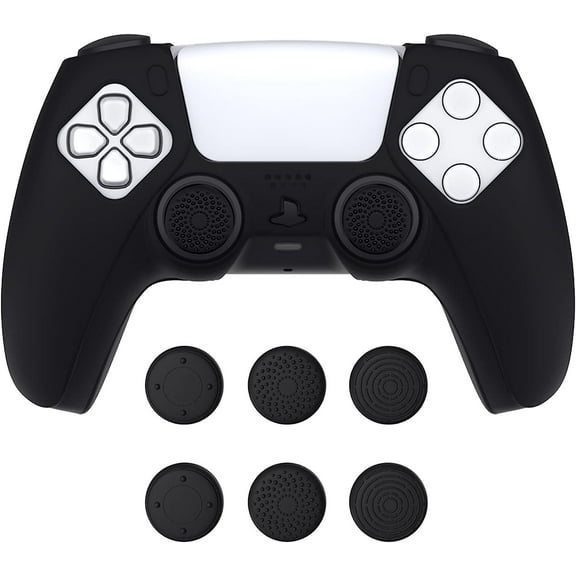 PlayVital Pure Series Dockable Model Anti-Slip Silicone Cover Skin for ps5 Controller, Soft Rubber Grip Case for ps5 Wireless Controller Fits with Charging Station with 6 Thumb Grip Caps - Black