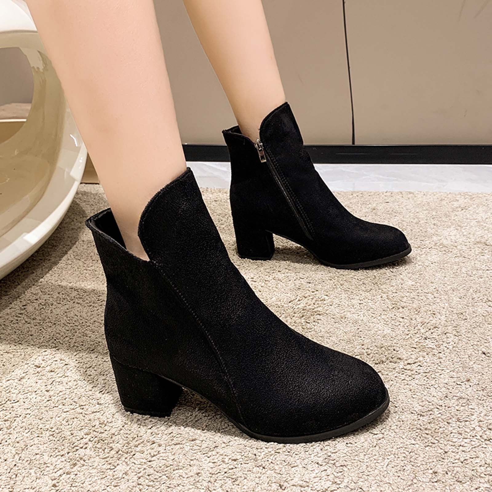  Women Low Heel Ankle Booties Slip On Vegan Suede Leather Cut  Out Chunky Block Stacked Peep Toe Ankle Boots Shoes Black