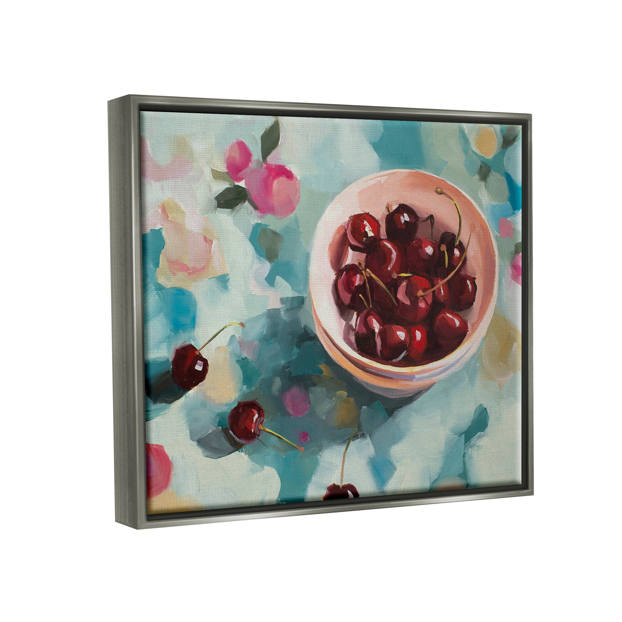 Stupell Industries Cherries Still Life Painting Food & Beverage Painting Gray Floater Framed Canvas Art Print Wall Art, 21 x 17