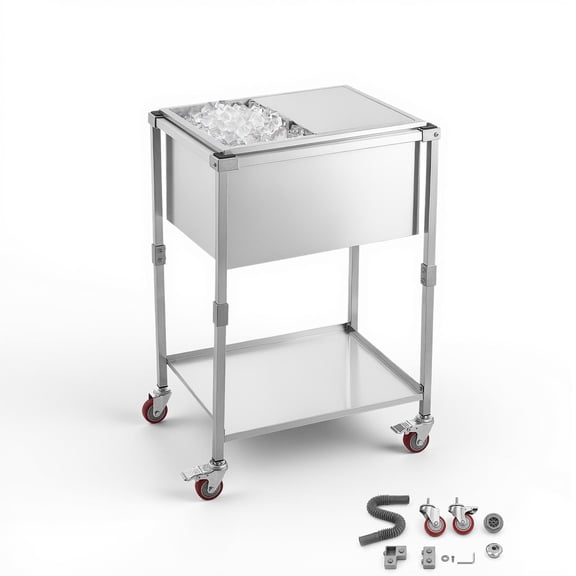 VEVOR Rolling Ice Chest Cooler Cart Stainless Steel Cooling Bin 44.8 Quart, Outdoor Stand Up Cooler Trolley with Wheels, Sliding Lid, Shelf, for Patio Backyard Party Bar Cold Drinks, 26x19.9x38.8 in