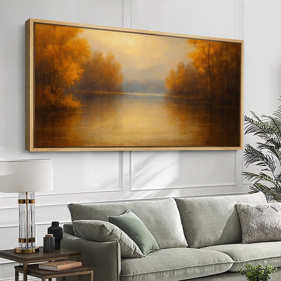 Large Framed Canvas Print Autumn Landscape Wall Art Nature Inspired Decorative for Living room Bedroom - 60"x30" Natural Frame