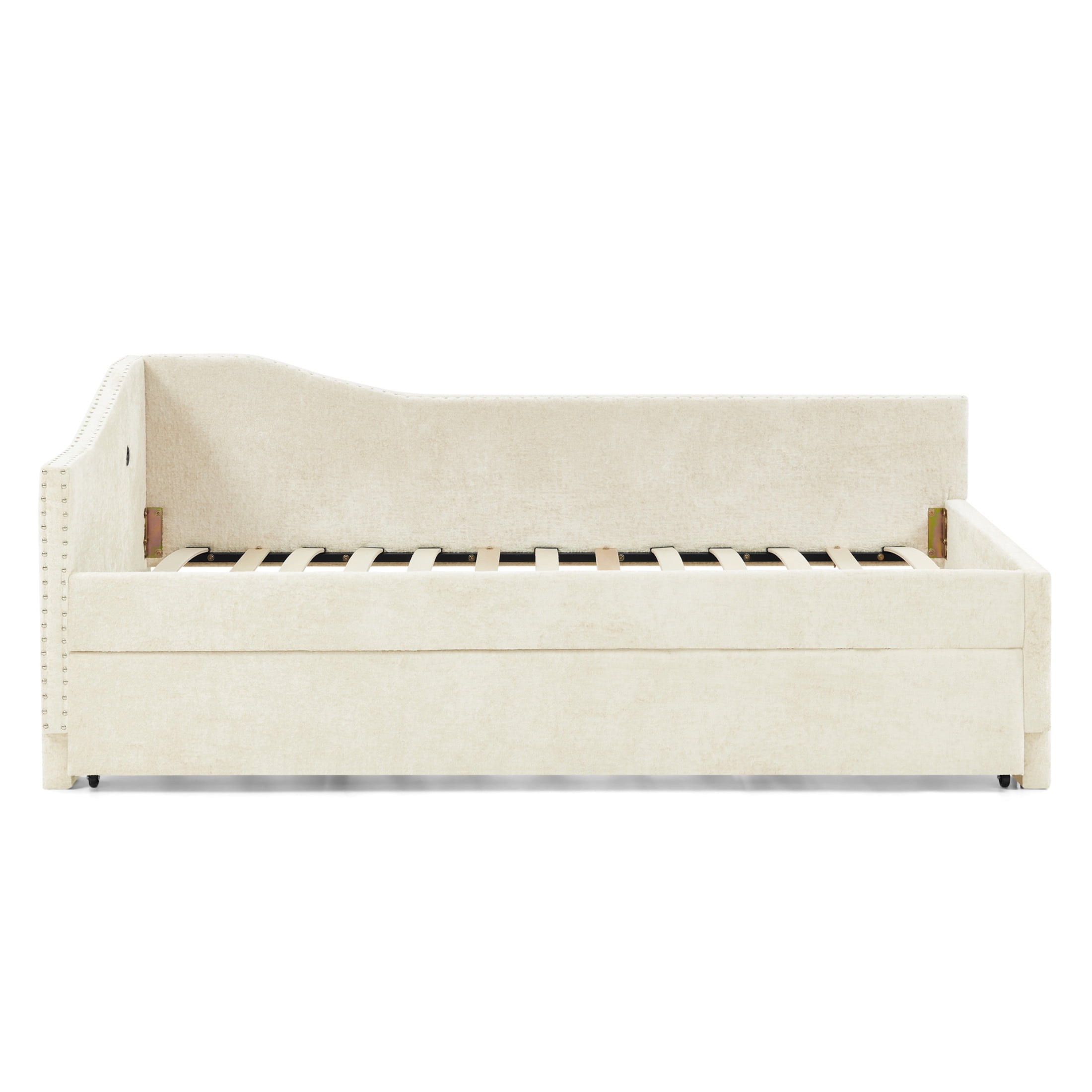 Noble House Phineas Full Size Chenille Padded Daybed, Sofa Bed Frame with Twin Trundle and Charging Port, Beige