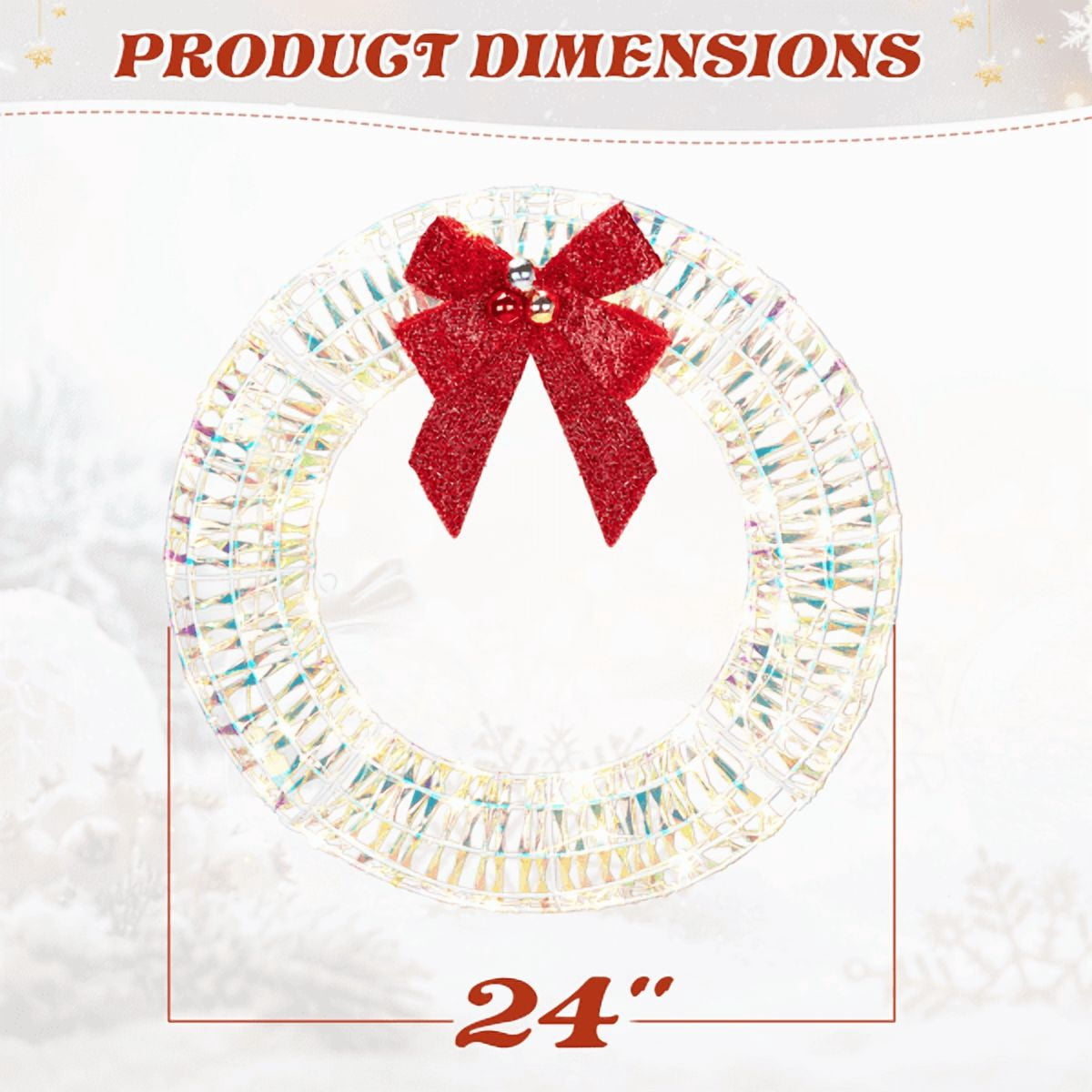 23.6in Christmas Lighted Wreath, 84 Warm White LEDs, Iridescent Finish, Collapsible for Indoor/Outdoor Use