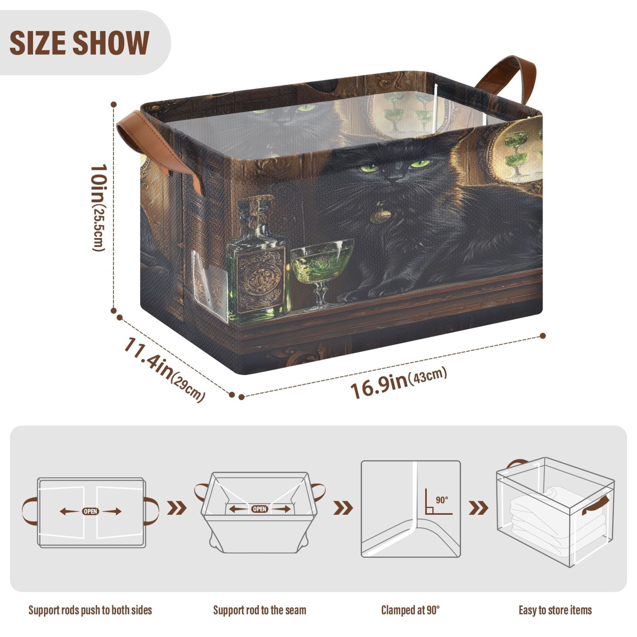 WOBOGO Black Cat with Absinthe Storage Basket 16.9×11.4×10in Collapsible Oversized with Metal Iron Frame Set of 1
