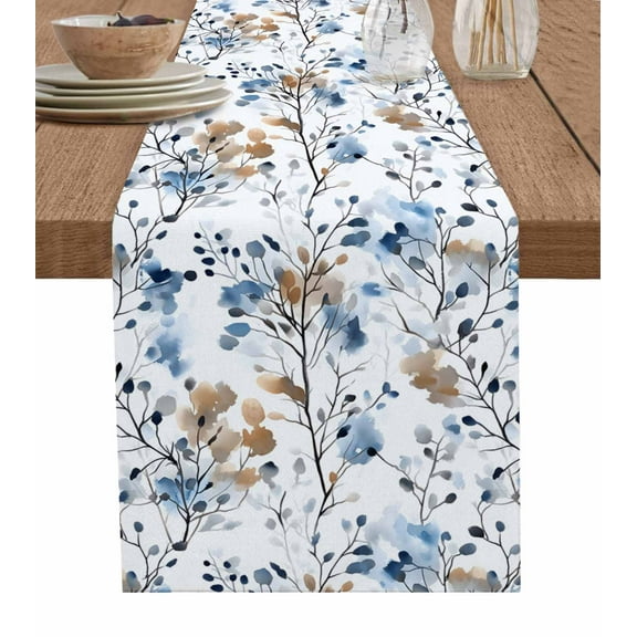 Table Runner Dresser Scarves 70 Inch Long,Watercolor Blue Brown Abstract Leaf Linen Dining Table Runners Botanical Tree Branch Tabletop Scarf for Wedding Holiday Party Kitchen