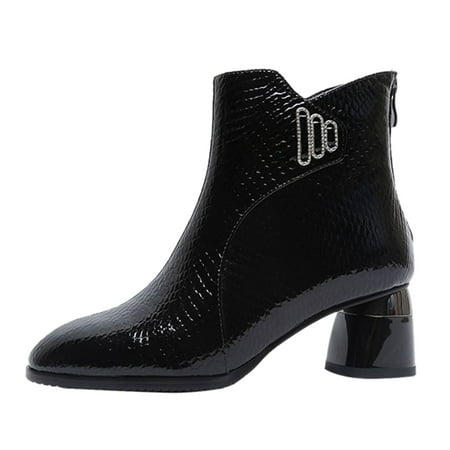 

Boots Winter Women s Shoes Chunky Heels Pure Color Thermal Short Leather